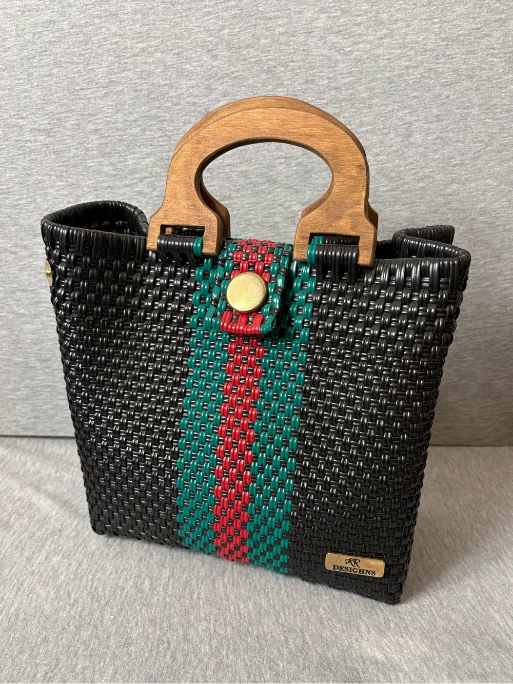 KR Woven Tote with Red & Green Center Stripe and Wooden Handles
